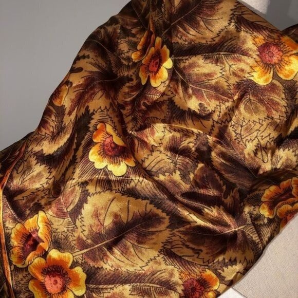 Vintage Brown Floral Square Scarf Japan 26x26 Hand Rolled - Picture 6 of 6